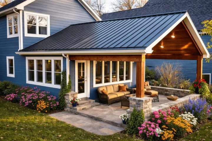 Home with modern architectural addition and new construction