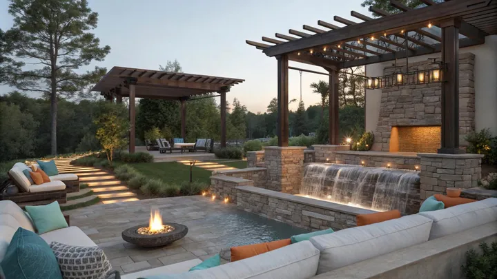 Custom wooden deck with outdoor dining furniture in backyard