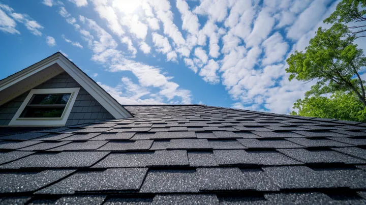 Construction workers installing new roof on residential home